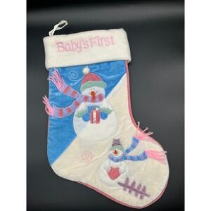Babys First Christmas Snowman Stocking Plush Velvet Pink Blue White 17" x 8.5"